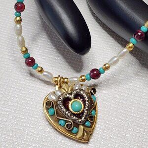 Vintage Michal Golan Necklace Choker Freshwater Pearl Crystal Heart Pendant Bead